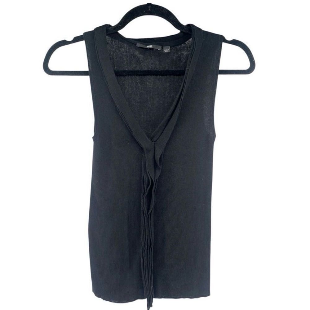 BOSS Hugo Boss Women’s Ribbed V-Neck Knit Tank Fringe Detail Size S/M Black
